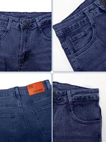 Jeans casuales de pierna recta y ajuste holgado para mujer con bolsillos, jeans rectos de moda, pantalones vaqueros holgados de mezclilla lavada, estilo vintage y casual, pierna ancha y talle alto para uso diario, cómodos, elásticos y aptos para todas las estaciones - Azul lavado oscuro - Ver 5