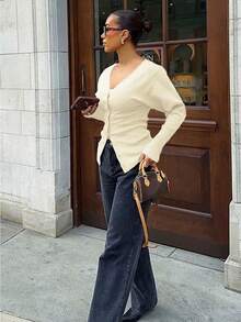 For Love & Bella Women's Sexy & Elegant Deep V-Neck Solid Brown Knit Cardigan, Fitted Minimalist Button Front Knit Sweater, Autumn/Winter - Apricot - View 3