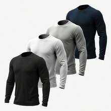 Kit 4 Men's Long Sleeve Cotton Round Neck T-Shirt - 白色 黑色 灰色 藍色 - 查看 1