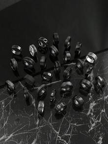 3/6/9/12/15/20 件时尚不锈钢深色风格男士戒指套装，包含铜币、蝙蝠、罗马数字、音符、星星和月亮、扭曲元素，适合日常佩戴、节日、订婚、婚礼、万圣节，款式和尺寸随机 - 黑色 - 查看 2