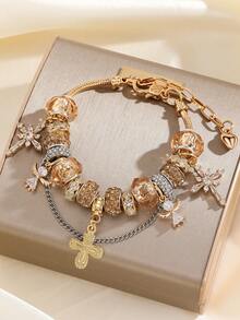 1pc Pan Family Style Golden Flower Beaded Adjustable Bracelet, Unique Design Jewelry For DIY - Multicolor - View 7