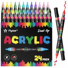 Acrylic Paint Markers,24 Colors Automatic Ink Control Dual Tip (Brush & Fine) Water-Based,Strong Covearge,For Black Paper & Rock Painting Acrylic Paint Markers For DIY Crafts, Scrapbooking, Glass, Wood