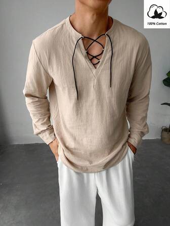 100% Cotton Men's Solid Color Lace-Up Casual Long Sleeve Shirt, Fall