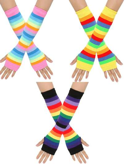 زوج من أغطية الذراع المخططة بألوان نمط للنساء، قفازات بدون أصابع، قفازات بدون أصابع عصرية بطراز INS للصيف