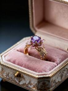 1pc Elegant Geometric Flower Shaped Purple Zirconia Inlaid Ring, Fashion Jewelry Accessory Gift For Women Party/Birthday - Ring - View 2