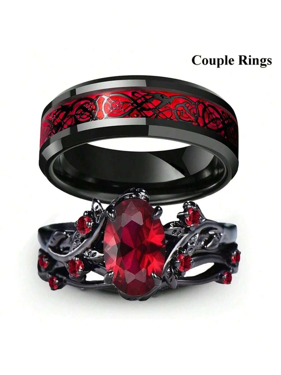 1 pieza Anillos de pareja románticos para amantes, conjunto de anillos de mujer con rhinestones rojos y circonita, anillos de acero inoxidable para hombre, anillos de boda - Anillos de hombre - Ver 1