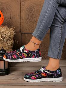 Round Toe Contrast Color Slip-On Halloween Ghost Pumpkin Bat Funny Element Fashion Versatile Lightweight Party Women Cartoon Canvas Shoes - Black - View 3