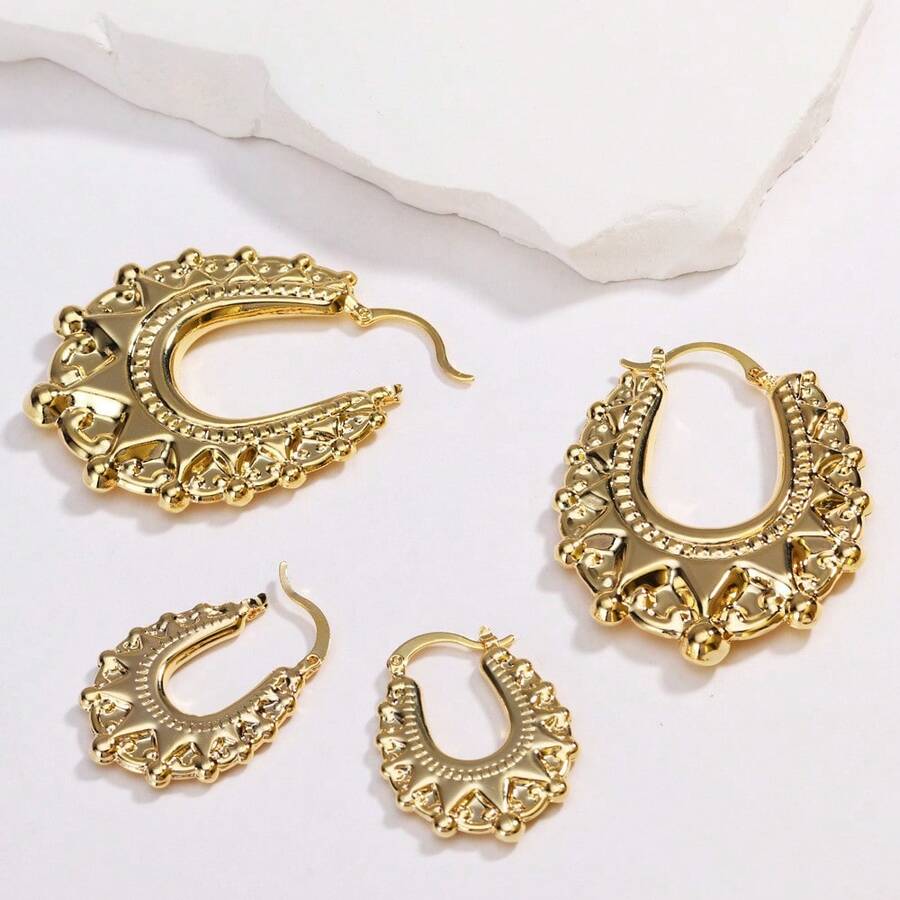 2PCS/4PCS Different Size Vintage Non Tarnish Women Earrings Gold Color Waterproof Hypoallergenic Spikes Beads Fashion Hoop Earring,Elegant And Fashionable Gold Earrings,Size L Is Suitable For Fashion Parties, Banquets, Large-Scale Events And Music Festivals. Size S Can Be Worn Every Day - Gold - View 1