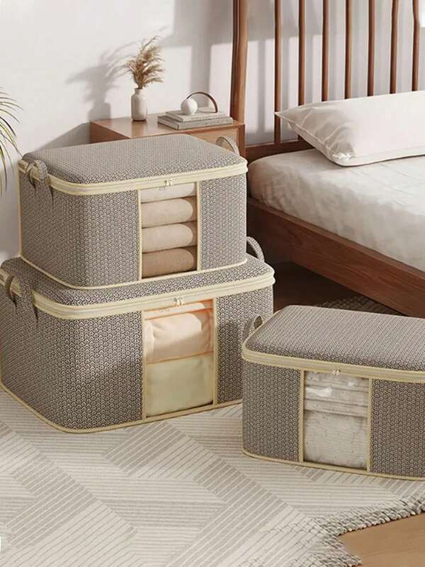 1PC Patterned Fabric Foldable Clothes Storage Bag - Large Capacity Dustproof Organizer With Zipper & Handles, Versatile Wardrobe/Under-Bed Storage For Quilts, Clothing & Toys, Home & Dorm Organization Essentials