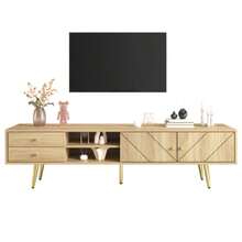 160 Cm TV Cabinet With Golden Legs, Two Drawers And Doors With A Unique Design - Beige - View 1