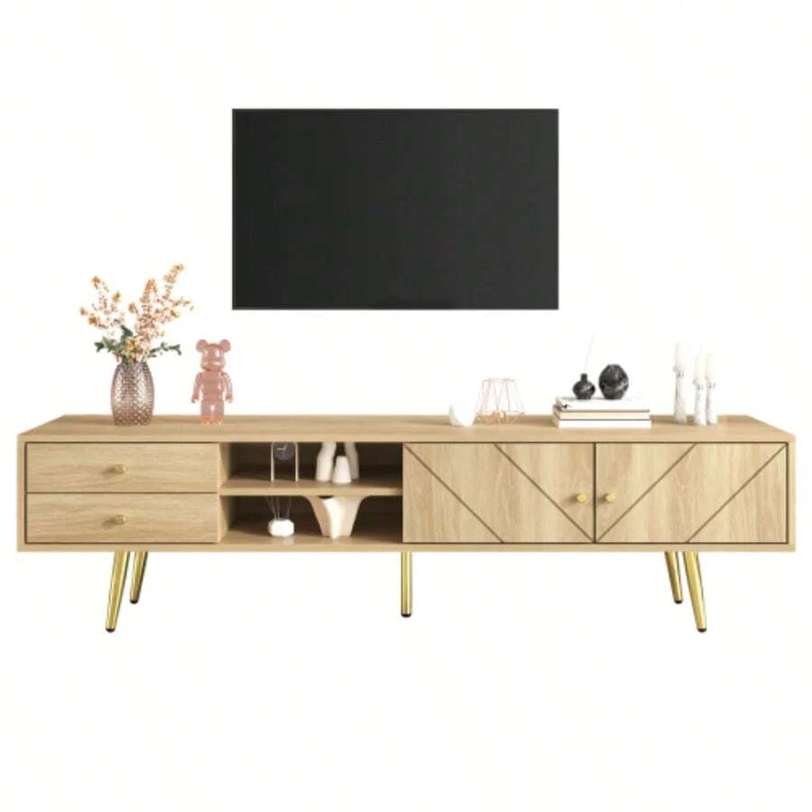 160 Cm TV Cabinet With Golden Legs, Two Drawers And Doors With A Unique Design - Beige - View 1