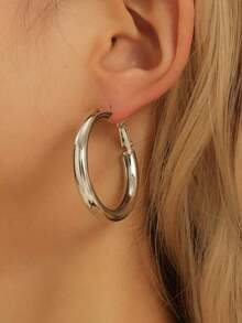 1pair Ladies' Gold-Color Circle Tube C Shape Hoop Earrings - Vàng - Xem 6