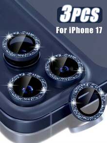 3pcs Apple Camera Lens Protector Film, Fit For 17 Pro/Compatible With 17 Pro Max, Shiny 9H Tempered Glass Camera Cover Screen Protector With Metal Ring Decor Accessories (Shiny Blue) - Royal Blue - View 20