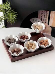 1pc Chinese Tea Snack Plate, Lotus Ceramic Dish, Vintage Home Dry Fruit Plate Set, Candy Snack Tray, Tea Snack Plate, Wooden Serving Tray, Compartment Plate, Ceramic Bowl - Multicolor - View 7