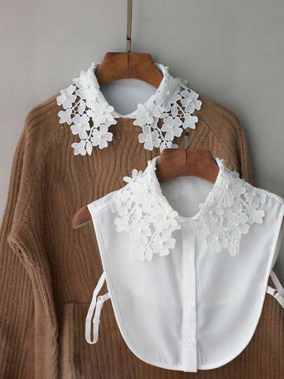 1pc Women's Elegant Black & White Lace Embroidered Detachable Collar, Floral Pattern, Beaded Decor, And Semi-Blouse Design, Versatile Accessory For Autumn/Winter Outfits For Dress For Christmas Decor