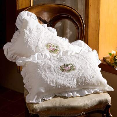 Cirelle 1入組花卉刺繡荷葉邊裝飾靠墊套無填充物現代刺繡設計裝飾靠墊套適用於床、沙發