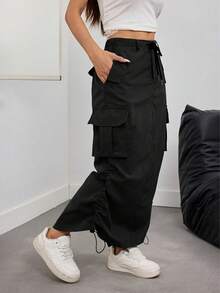 brightphoto Solid Color Retro Utility Skirt, Elegant Drawstring Street Style Everyday Wear, Spring/Summer/Autumn Black - Black - View 5