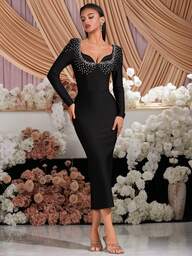 Şık Uzun Kollu Kalp Yaka, El Yapımı Tırnak Matkabı, Yüksek Bel, Sırt Bandajı, Orta Boy Parti Elbisesi, Balo, Doğum Günü Partisi, Akşam Buluşması, Mezuniyet Partisi, Düğün, Misafir Kokteyli, Resepsiyon, Aile Festivali