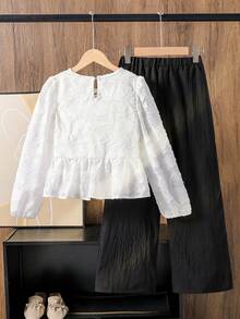 Left Mama Girls Elegant Minimalist White Long Sleeve Bow Blouse And Straight Leg Pants Set, Spring/Autumn - White - View 2
