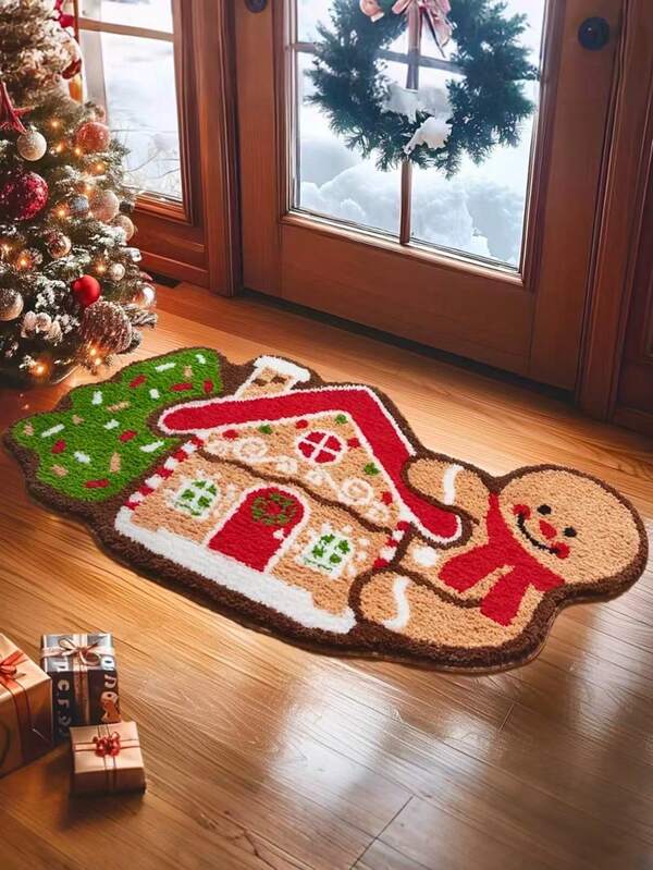 1 pezzo Tappeto decorativo natalizio in peluche a forma di omino di pan di zenzero, morbido e soffice tappeto da camera da letto o soggiorno, decorazione per la casa, lavabile