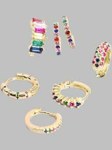 DareSee Set de 7 piezas de pendientes de aro grueso con decoración de circonita cúbica de colores de moda para mujeres, pendientes de cartílago Huggie, para festivales de música, festivales Y2K, regreso a la escuela, otoño, Navidad, invierno, regalos de Navidad