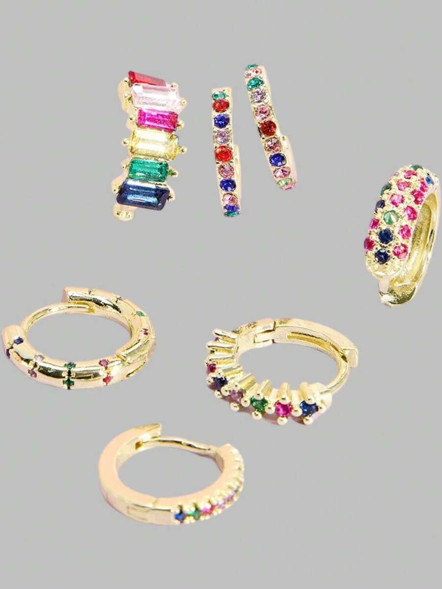 DareSee Set de 7 piezas de pendientes de aro grueso con decoración de circonita cúbica de colores de moda para mujeres, pendientes de cartílago Huggie, para festivales de música, festivales Y2K, regreso a la escuela, otoño, Navidad, invierno, regalos de Navidad