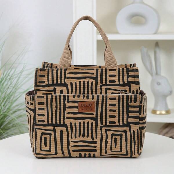 DLIU New Arrival, Corduroy Printed Fabric, Large Capacity Thick Tote Bag, Aluminum Foil Insulated Lining, Half-Zip Closure, Multi-Pocket Outdoor Storage Bag, Lunch Bag, Bento Box Bag, Tote Bag, Organizer Bag, Handbag, Back To School, Retro, Square Shape, Suitable For Work Lunch, Outdoor Picnic, Daily Storage Lunch Box For Traveling For Women Portable Waterproof Bag Insulated Lunch Bag Lunchbox