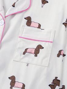 两件套可爱腊肠犬印花女士睡衣套装，秋冬季长袖翻领上衣搭配松紧腰宽松长裤，四季皆宜的休闲睡衣家居服套装 - 白色 - 查看 7