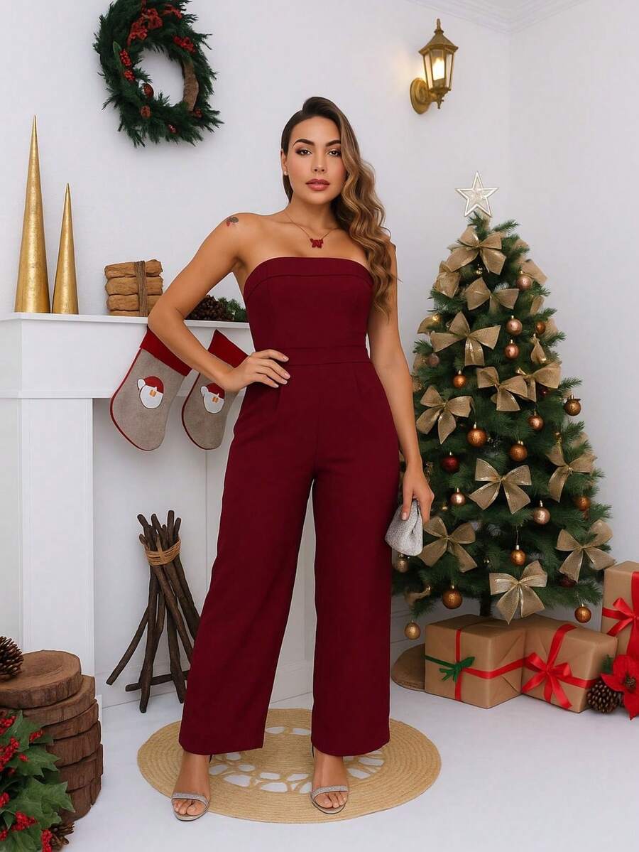 Strapless Jumpsuit With Padded Pants And Pockets, Contrasting Waist - Redwood - View 1