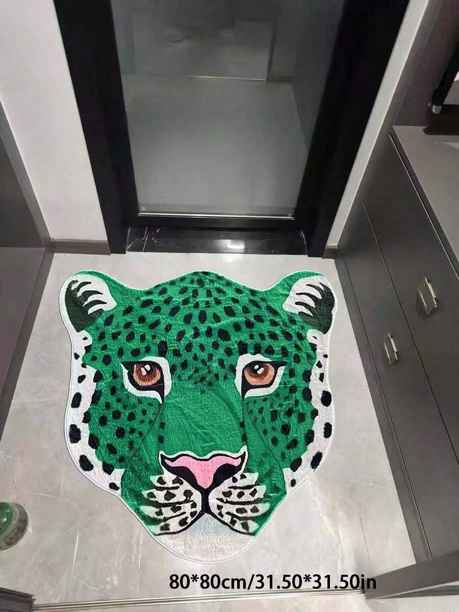 1pc Green Leopard Head Rug, Leopard Print Carpet, Creative Fashion Carpet, INS Style Rug, Home Decor Mat, Fluffy Soft Comfortable Carpet, Durable, Non-Slip Easy To Clean, Suitable For Kitchen, Entryway, Bedroom, Bathroom, Living Room, Gaming Room, Closet, Dining Room, Backyard Christmas Decor