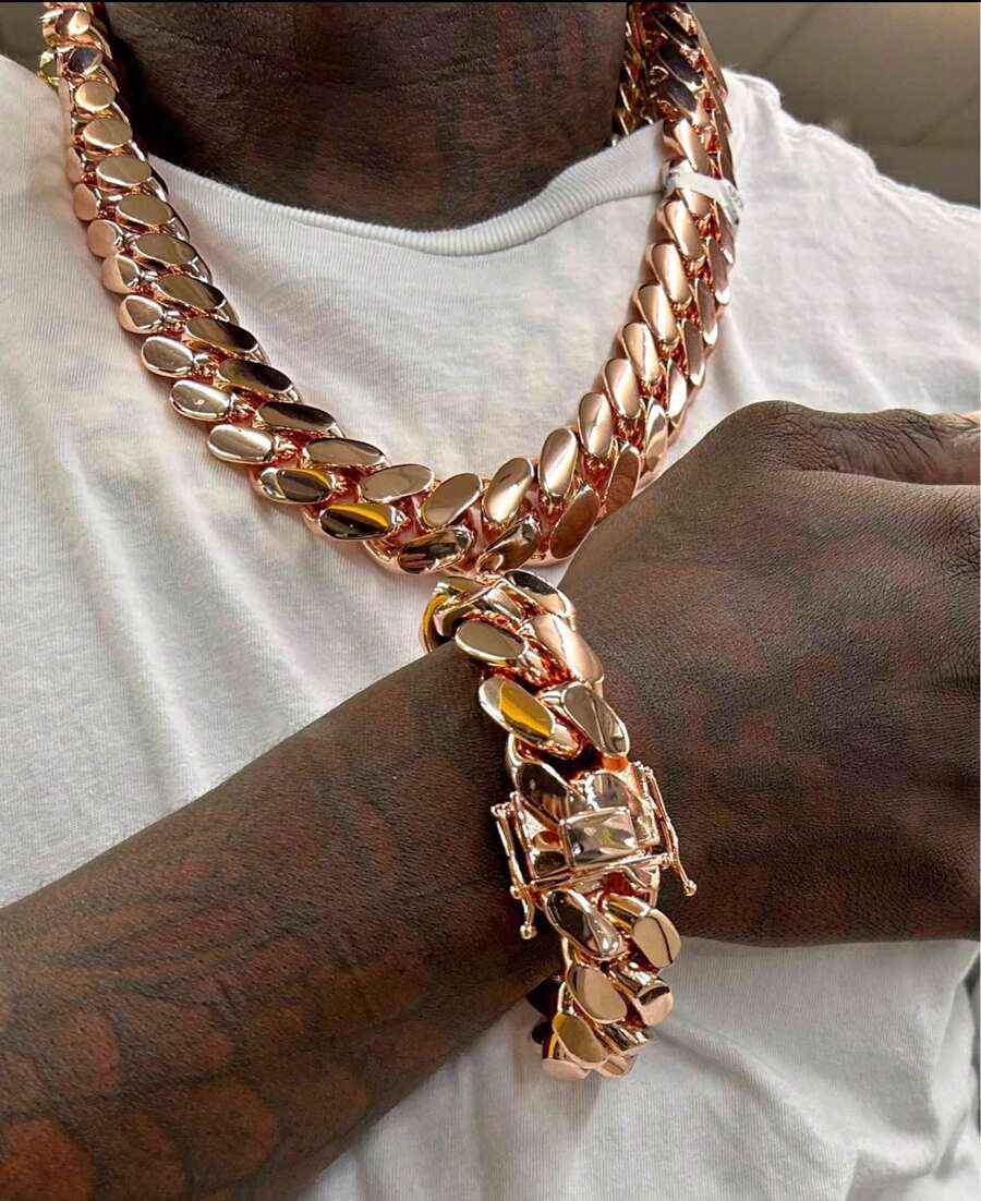 Cuban Link Chain 14MM-22MM Solid Handmade Jewelry Miami, Gift Birthday Fathers Day Anniversary, HipHop Jewelry, Rose Gold Plated, Gift For Him - 16MM (0,62 inch) - Xem 1