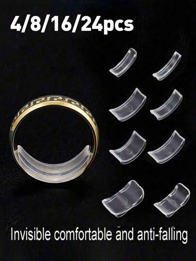 8/16/24 piezas Ajustador de anillo transparente, Ajustador de tamaño de anillo invisible, Reductor de tamaño de anillo suelto de mujer Pegamento invisible, Kit de herramientas de joyería de costura DIY - Adecuado para anillos de boda y joyas, Ajuste cómodo, Protector para reducir el tamaño del anillo, Se adapta a todos los tamaños de anillos, Fijador de anillo en vivo, Ajustador de anillo, Almohadillas reductoras transparentes invisibles, Adecuado para todos