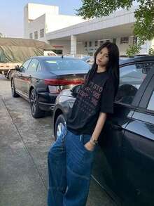 200g Pure Cotton T-Shirt 2025 Summer Ladies New Short Sleeve Pure Cotton Holiday Pattern Short Sleeve Round Neck Couple Wear Small Shirt Tops - 黑色粉字 - 查看 2