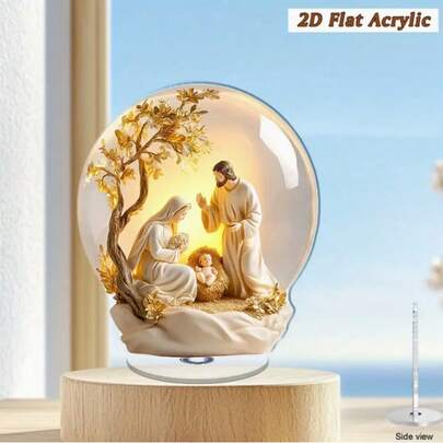 1/2件水晶圣诞场景桌面摆件，360°旋转节日装饰品，包含玛利亚、约瑟和耶稣圣婴，金色圣诞树和星星图案，适用于客厅、卧室和家居装饰，无需用电，圣诞装饰品，节日桌面配件，做工精美，2D