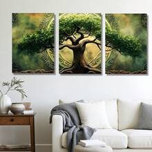 3pcs Medieval Celtic Tree Of Life, Printed With Natural Green Plant Trees, Illustrated With Lush Branches And Leaves, Wall Arts Canvas Posters, Living Room And Bedroom Home Decoration Hanging Paintings - Multicolor - View 1