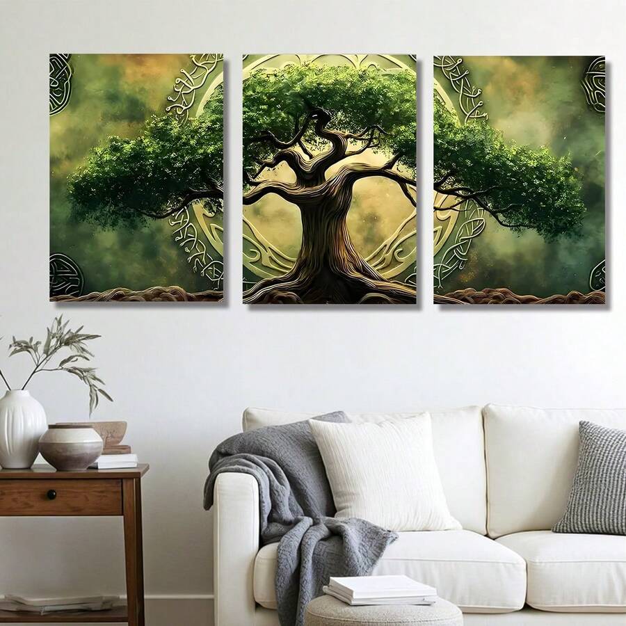 3pcs Medieval Celtic Tree Of Life, Printed With Natural Green Plant Trees, Illustrated With Lush Branches And Leaves, Wall Arts Canvas Posters, Living Room And Bedroom Home Decoration Hanging Paintings - Multicolor - View 1