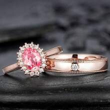 2Pcs/Set Dazzling Women's Fashion Zirconia Wedding Jewelry Ring Set Romantic Bride Engagement Wedding Band Anniversary Christmas Gift Banquet Birthday Gift Party Ring Size 5-11# - 玫瑰金 - 查看 3