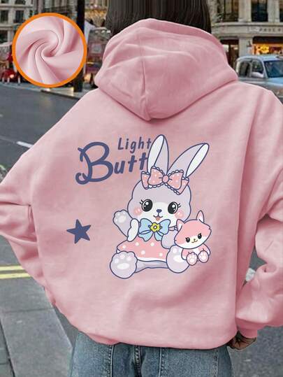 1件少女休闲印花套头卫衣，保暖内衬，长袖，秋冬季学生服装