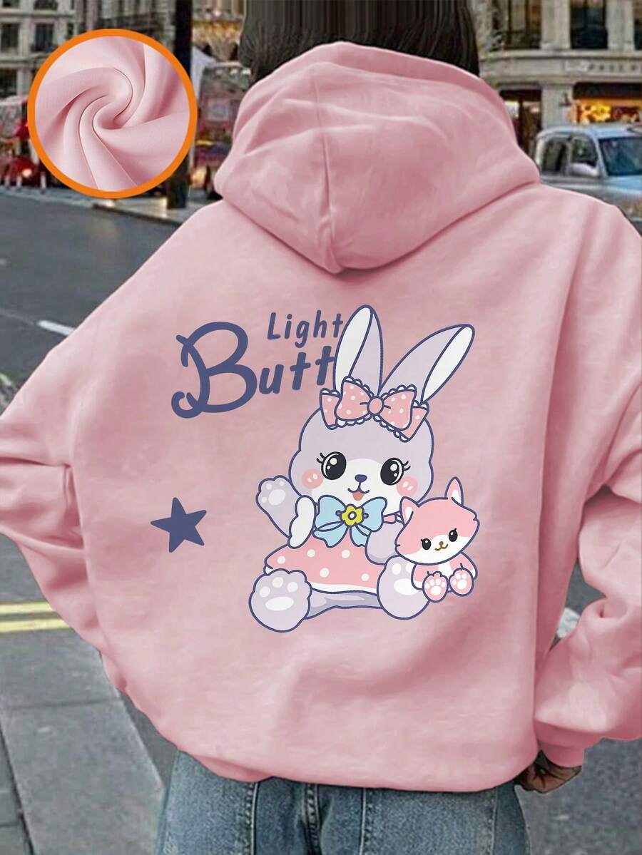 1件少女休闲印花套头卫衣，保暖内衬，长袖，秋冬季学生服装 - 粉色 - 查看 1