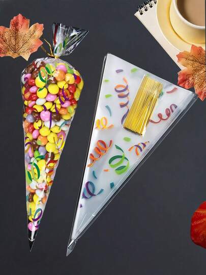 100 个/包 DIY 婚礼生日派对 Opp 袋，透明三角形糖果食品袋，食品袋食品盒适用于糖果巧克力饼干等。大量 DIY 糖果袋、婚礼回礼、生日派对装饰，非常适合烘焙、糖果、糕点和零食包装婚礼派对礼品袋、圣诞节