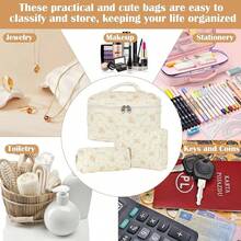 Set de Bolsas de Cosméticos de Viaje para Mujeres, Set de Bolsas de Aseo de Algodón, Bolsa de Aseo Acolchada para Mujeres con Patrón Floral, Paquete de 3, Cereza Blanca - Amarillo-naranja - Ver 8