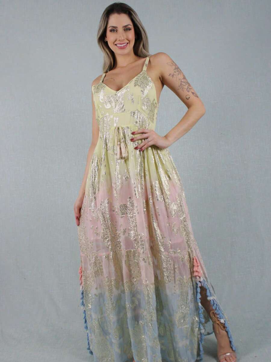 KIARA BRAZIL Boho Chic Long Dress With Thin Straps, Shiny Embroidery And Side Slit Light And Fresh Elegance For Summer-PF291 - 黃色和粉紅色 - 查看 1