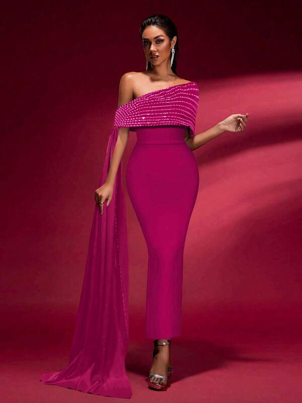 فستان ماكسي مزين بالخرز ذو ربطة عنق وأكتاف مكشوفة مناسب للخريف، ذو تصميم أنيق ومحتشم