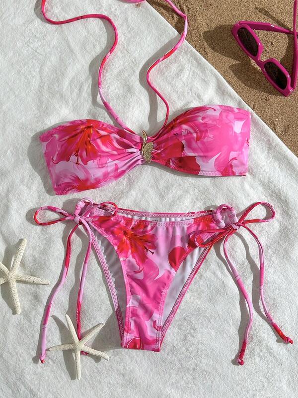 Women's Pink Floral Halter Bikini Two Pieces Set, Featuring A Tie Design And 3D Metal Decorations, Perfect For Beach Vacations, Pool Parties, And Summer Outings. Women's Swimwear, Swimsuits, Resort Wear, Swimming Gear, Beach Vacation Apparel.