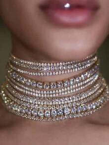 1 件高端精致短款 Choker 项链，镶嵌闪亮水钻，奢华多层水晶 Choker 项链，女士水钻链项链，个性珠宝，婚礼派对礼物，超闪爪链多层玻璃钻石项链，欧美夸张配饰，女士宴会时尚配饰