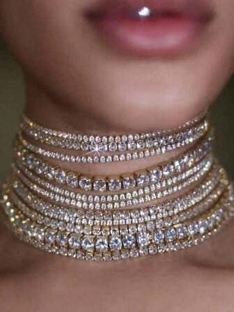 1 件高端精致短款颈链，镶有闪亮水钻，奢华多层水晶颈链，女士水钻链项链，个性珠宝，婚礼派对礼物