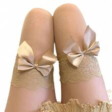 1 Pair Of Lace-Trimmed Bow Socks, Suitable For Spring And Summer Over-The-Knee Socks.