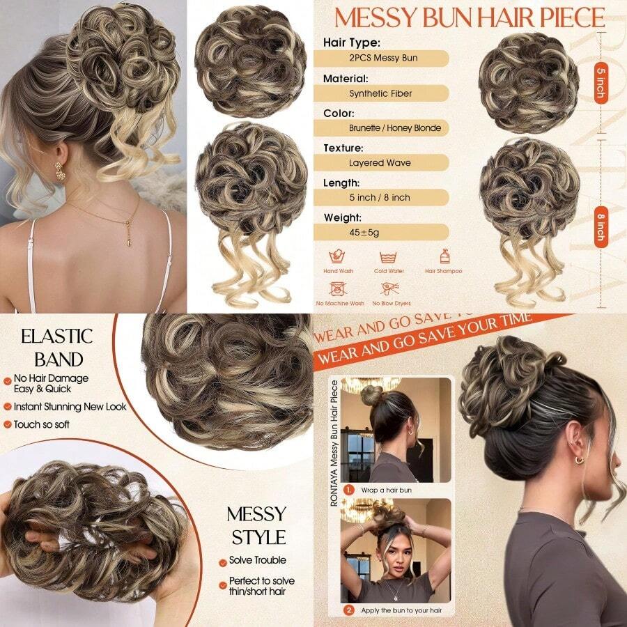 RONTAYA 2PCS Messy Bun Hair Piece Wavy Curly Scrunchies Synthetic Chignon Ponytail Extensions Thick Updo Hairpieces For Women Brunette Honey Blonde - BrunetteHoneyBlonde - Xem 1