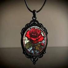 1pc New Attractive Oval Glass Pendant Necklace - Red Rose In Vintage Black Frame Valentines,Mom,Mother,Mother's Day,Gift