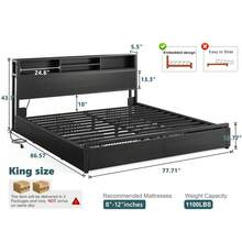 Bed Frame With 6 Storage Drawers & Charging Station Metal Platform Bed Frame With Bookcase Headboard,No Noise,Black - 黑色 - 查看 9